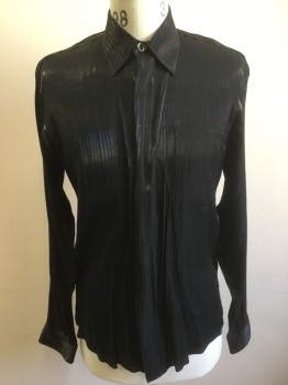 LE MONDE, Iridescent Black, Rayon, Polyester, Shiny, Self Pinstripe, Long Sleeve Button Front, Collar Attached, 1 Patch Pocket, Black and Silver Buttons,