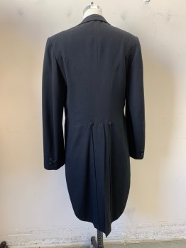 FOX411, Black, Wool, Satin Peaked Lapel, Double Breasted, 6 Buttons, Fabric Covered Buttons, Open Front