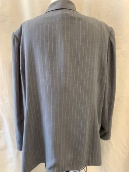 RENA ROWAN, Gray, White, Polyester, Stripes - Pin, Collar Attached, Single Breasted, Button Front & Snap Front, Long Sleeves, Vent Slit on Ea Side