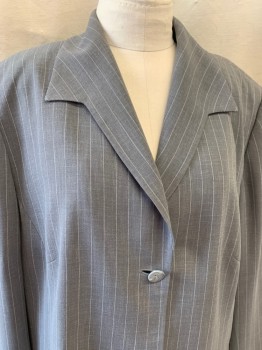 RENA ROWAN, Gray, White, Polyester, Stripes - Pin, Collar Attached, Single Breasted, Button Front & Snap Front, Long Sleeves, Vent Slit on Ea Side