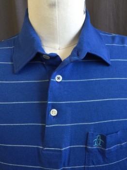 GRAND SLAM, Royal Blue, Teal Blue, Orange, Beige, Cotton, Polyester, Stripes - Horizontal , Solid Royal Blue Collar Attached, 3 Button Front, 1 Pocket, Short Sleeves,
