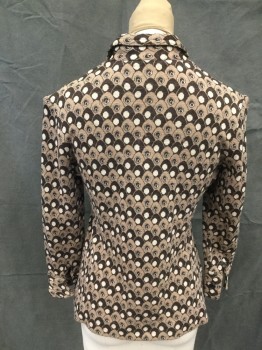 N/L, Dk Brown, Lt Brown, Cream, Wool, Geometric, Shirt with Egg-like Abstract Pattern with Circles, Pullover, 1/2 Button Front with Snaps, Pointy Collar Attached, Long Sleeves with Cuffs