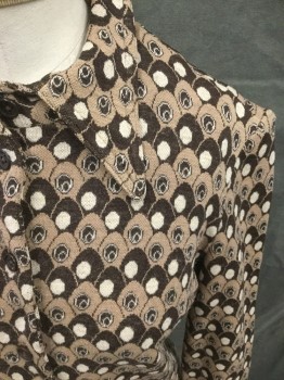 N/L, Dk Brown, Lt Brown, Cream, Wool, Geometric, Shirt with Egg-like Abstract Pattern with Circles, Pullover, 1/2 Button Front with Snaps, Pointy Collar Attached, Long Sleeves with Cuffs