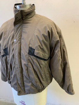FADED GLORY, Brown, Black, Poly/Cotton, Solid, Puffy Winter Jacket, Zip and Snap Front, 4 Pockets, Black Trim on Chest Pockets, Stand Collar, Black Quilted Nylon Lining,