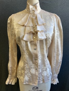 SHRINE, Cream, Rayon, Polyester, Floral, Steam Punk Quasi-Victorian Blouse, Self Floral Jacquard, Long Sleeved Snap Front, Pleated Stand Collar, 3 Tiered Ruffle "Jabot" Detail at Center Front, Puffy Gathered Sleeves, Ruffled Cuffs, Doubles