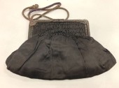 N/L, Espresso Brown, Bronze Metallic, Silk, Solid, Small Clutch Purse, Silk with Metallic Fabric at Clasp and Tab Closure, Smocking Near Top, 1 Button/Loop Closure, Metallic Cord. Strap, Lining is Taupe Silk **Strap is Worn