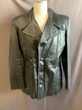 NO LABEL, Black, Leather, Wide Lapel, Single Breasted, Button Front, 2 Faux Pockets at Chest, 2 Pockets at Waist, With Removable Liner