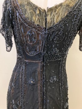 THACHER, Black Tulle with Black Bugal Beads Over Silk Lining, Gold Metallic Lace Yoke Front/Back, S/S, Lining Has Boned Bodice  And Support Belt, Hook Eye Back Closure, Long Train