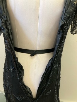 THACHER, Black Tulle with Black Bugal Beads Over Silk Lining, Gold Metallic Lace Yoke Front/Back, S/S, Lining Has Boned Bodice  And Support Belt, Hook Eye Back Closure, Long Train