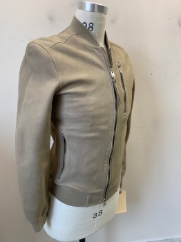 ALL SAINTS, Taupe, Leather, Solid, Zip Front, 3 Zip Pockets, Rib Knit Collar,cuffs & Hem