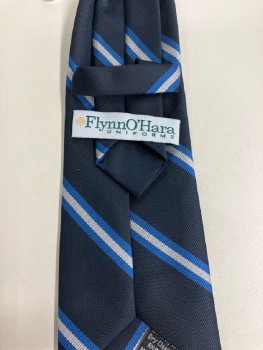 FLYNN O'HARA, Navy Blue & Silver Diagnol Stripe, Polyester, Pre-tied