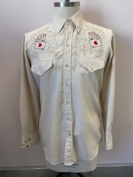 MILLER WESTERN WEAR, Cream, Multi-color, Polyester, Solid, Novelty Pattern, C.A., Snap Front, L/S, 2 Pckts, Cards Embroidery At Chest
