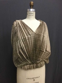 Taupe, Silk, Fortuny Pleated V Neck Front and Back, Elasticated Waist