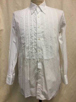 DOMETAKIS, White, Cotton, Solid, Button Front, Collar Attached, Long Sleeves, Pleated Bib Front, Multiples, Made To Order,