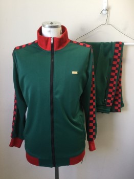 REASON, Green, Red, Navy Blue, Polyester, Solid, Check , Green Zip Front Jacket, Long Sleeves, Solid Red Ribbed Knit Collar/Cuff/Waistband, 2 Pockets, Red/navy Check Sleeve Band
