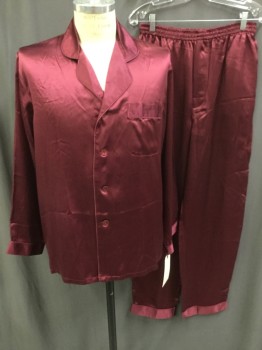 WINTER SILKS, Cranberry Red, Silk, Solid, Single Breasted, Button Front, Rounded Notched Lapel, 1 Pocket, Piping