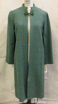 N/L, Jade Green, Moss Green, Turquoise Blue, Wool, Check , Grid , Single Breasted, 1 Frog Closure at Top, Band Collar,