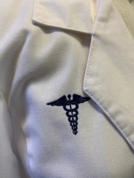 OVERPRO, White, Poly/Cotton, Solid, 3 Button Front, Notch Collar Attached, Long Sleeves, Navy Embroidered Medical Symbol at Chest, 2 Pockets, Attached Back Waist Band