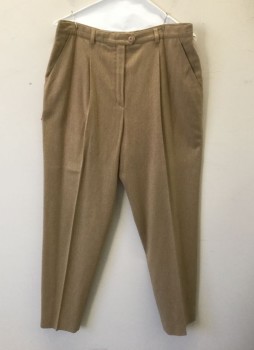 ESCADA, Beige, Wool, Spandex, Solid, Single Pleat at Either Side of Waist, Button Tab Waist, Zip Fly, 2 Side Seam Pockets, Tapered Leg, Belt Loops
