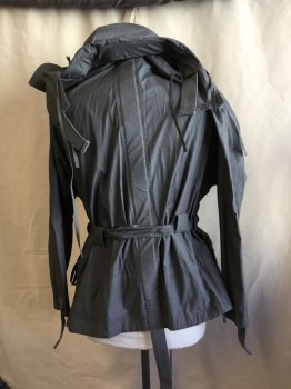 FOX 31, Gray, Polyester, Cotton, Solid, Collar Attached with Short Web Belt, Hidden Zip Front with Black Snap Button. Self Detach Belt, 2 --1/2 Circle Pockets Bottom with Thin Ties, Long Sleeves with Elastic Trim and Short Web Belt, Both Sides Zip Bottom Hem, Gray Lining, with Detach Self Zip Hood (slight Burned on Left Shoulder)