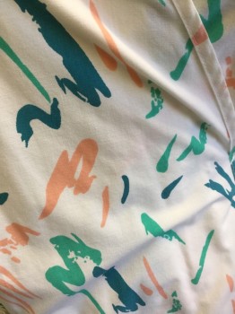 ANGELICA, White, Peach Orange, Teal Green, Green, Poly/Cotton, Novelty Pattern, 80's Squiggle Pattern on White, Crossover Front, Attached Self Belt with Side Tie, Short Sleeves Gathered at Inset, Pleated Panel at Shoulder, 2 Pockets
