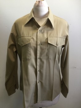 N/L, Khaki Brown, Polyester, Solid, Button Front, Collar Attached, Long Sleeves, 2 Flap Pockets, Epaulets, Stitched Creases.