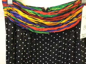 PLATINUM, Black, White, Multi-color, Rayon, Black & White Polka Dot Shorts with Multi Color Wavy Stripes Gathered Waist, Back Zip, 2 Pockets,