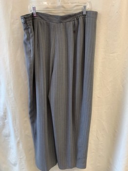 RENA ROWAN, Gray, White, Polyester, Stripes - Pin, Side Zip with 1 Button Closure, Elastic Waist Sides. Pleated Front