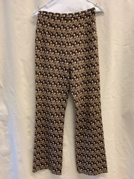 N/L, Dk Brown, Lt Brown, Cream, Wool, Geometric, Pants with Egg-like Abstract Pattern with Circles, Elastic Waist, Zip Front *hole/run in Front on Left Side Near Waistband with Mend Attempt, Rip in Crotch Already Mended*