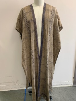 N/L MTO, Lt Brown, Purple, Hemp, Geometric, Printed Indigo Pattern on Coarse/Rough Weave, Open at Center Front with No Closures, No Side Seams, Floor Length,  Self Tassel Hem, Made To Order