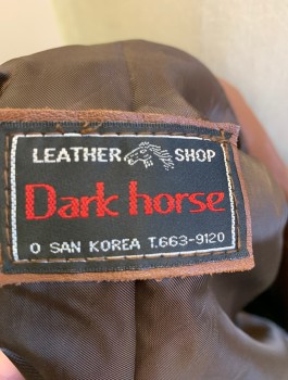 DARK HORSE, Chestnut Brown, Leather, Solid, Blazer, Notched Lapel, 3 Buttons,  2 Welt Pockets, Padded Shoulders, Dark Brown Nylon Lining