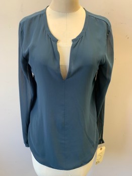 ANN TAYLOR, Teal Blue, Polyester, Rayon, Solid, Long Sleeves, V-neck, Keyhole Back, Poly Woven Front, Rayon Knit Back