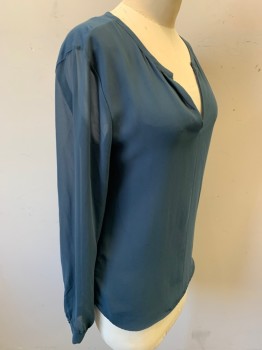ANN TAYLOR, Teal Blue, Polyester, Rayon, Solid, Long Sleeves, V-neck, Keyhole Back, Poly Woven Front, Rayon Knit Back