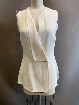 PROENZA SCHOULER, White, Polyester, Solid, V-neck, Sleeveless, Folded Diagonal Flap at Front, Concealed Buttons, Faux Single Silver Button on Left Front