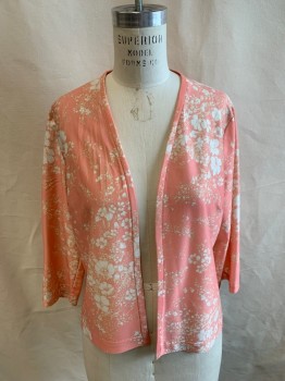JSE CALIFORNIA, Salmon Pink, White, Cream, Polyester, Floral, 3/4 Sleeves, Cardigan, Open Front