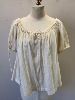 N/L, Cream, Cotton, Solid, Peasant Blouse, Short Puffy Sleeves Gathered at Shoulders, Wide Drawstring Scoop Neck, Drawstrings at Arm Openings, Historical Fantasy