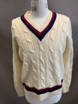 BROOKS BROTHERS, Cream, Maroon Red, Navy Blue, Wool, Cable Knit, V-N, L /S Cable 2 Color Stripe at Neck & Waistband