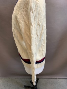 BROOKS BROTHERS, Cream, Maroon Red, Navy Blue, Wool, Cable Knit, V-N, L /S Cable 2 Color Stripe at Neck & Waistband