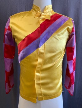 WEST COAST RACING CO, Sunflower Yellow, Red, Lavender Purple, Polyester, Color Blocking, Jockey Jacket, Satin, Diagonal Stripes On Torso, Checkerboard Red/Lavender Sleeves, Velcro Closures At Front, Stand Collar With Self Bow