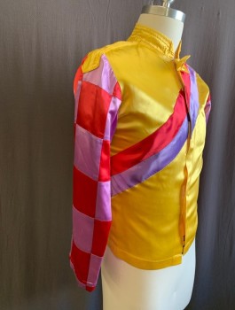 WEST COAST RACING CO, Sunflower Yellow, Red, Lavender Purple, Polyester, Color Blocking, Jockey Jacket, Satin, Diagonal Stripes On Torso, Checkerboard Red/Lavender Sleeves, Velcro Closures At Front, Stand Collar With Self Bow