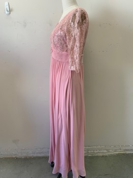 CINDY, Dusty Rose Pink, Polyester, Floral, Solid, V-neck, 1/2 Sleeve Sheer Lace and Sequin Bodice Over Spaghetti Strap Sweetheart Camisole, Pleated Chiffon Cummerbund Waistband, Gather Chiffon Floor Length Skirt, Zip Back,