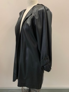 JEAN MUIR, Black, Leather, Solid, L/S, Open Front, Side Pockets, Black Piping