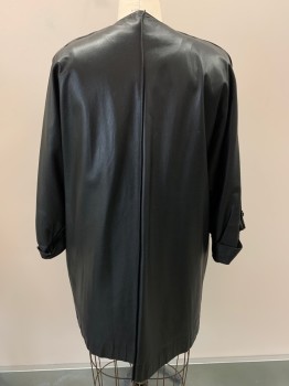 JEAN MUIR, Black, Leather, Solid, L/S, Open Front, Side Pockets, Black Piping