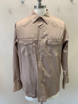 WRANGLER, Lt Brown, Polyester, Cotton, Stripes - Pin, Self Striped Jacquard, L/S, Snap Front, Collar Attached, Western Style Yoke, 2 Pockets with Flaps