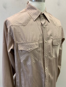 WRANGLER, Lt Brown, Polyester, Cotton, Stripes - Pin, Self Striped Jacquard, L/S, Snap Front, Collar Attached, Western Style Yoke, 2 Pockets with Flaps
