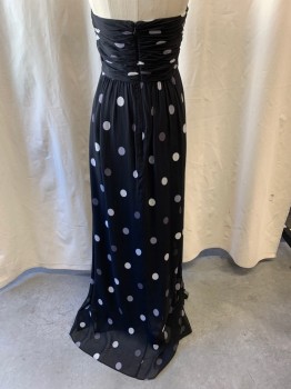 B.R., Black, White, Gray, Silk, Acetate, Polka Dots, Strapless, Horizontal Pleats on Bust, Vertical Pleats on the Rest of the Bodice, Sheath, Zip Back