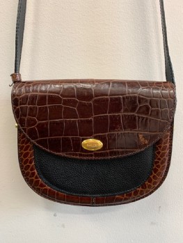 BALLY, Brown, Black, Leather, Reptile/Snakeskin, Color Blocking, Small Satchel, BALLY In A Gold Oval Medallion, Black Leather On Front And Back, Long Strap