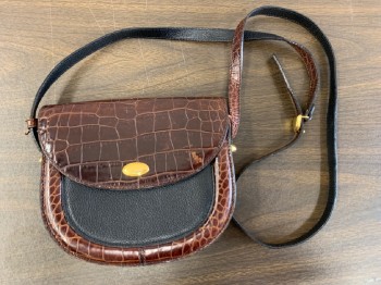 BALLY, Brown, Black, Leather, Reptile/Snakeskin, Color Blocking, Small Satchel, BALLY In A Gold Oval Medallion, Black Leather On Front And Back, Long Strap