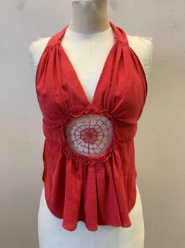 Climax, Red, Polyester, Cotton, Solid, Halter Top, V Neck, Pleated, Open Web Detail with Flower, Neck and Back Tie,