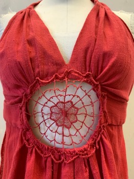 Climax, Red, Polyester, Cotton, Solid, Halter Top, V Neck, Pleated, Open Web Detail with Flower, Neck and Back Tie,